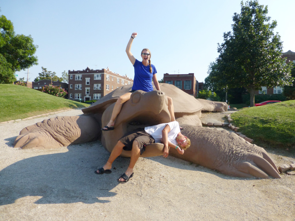 Lindsie, riding a giant turtle that ate Mike
